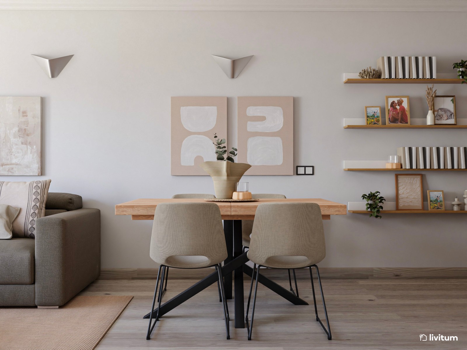 Salón comedor nórdico de 25 m²  con listones blancos 