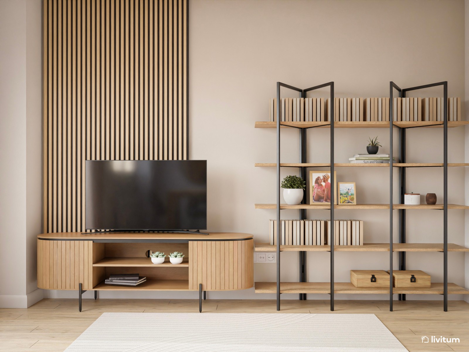 Salón comedor nórdico en azul, gris y listones de madera 