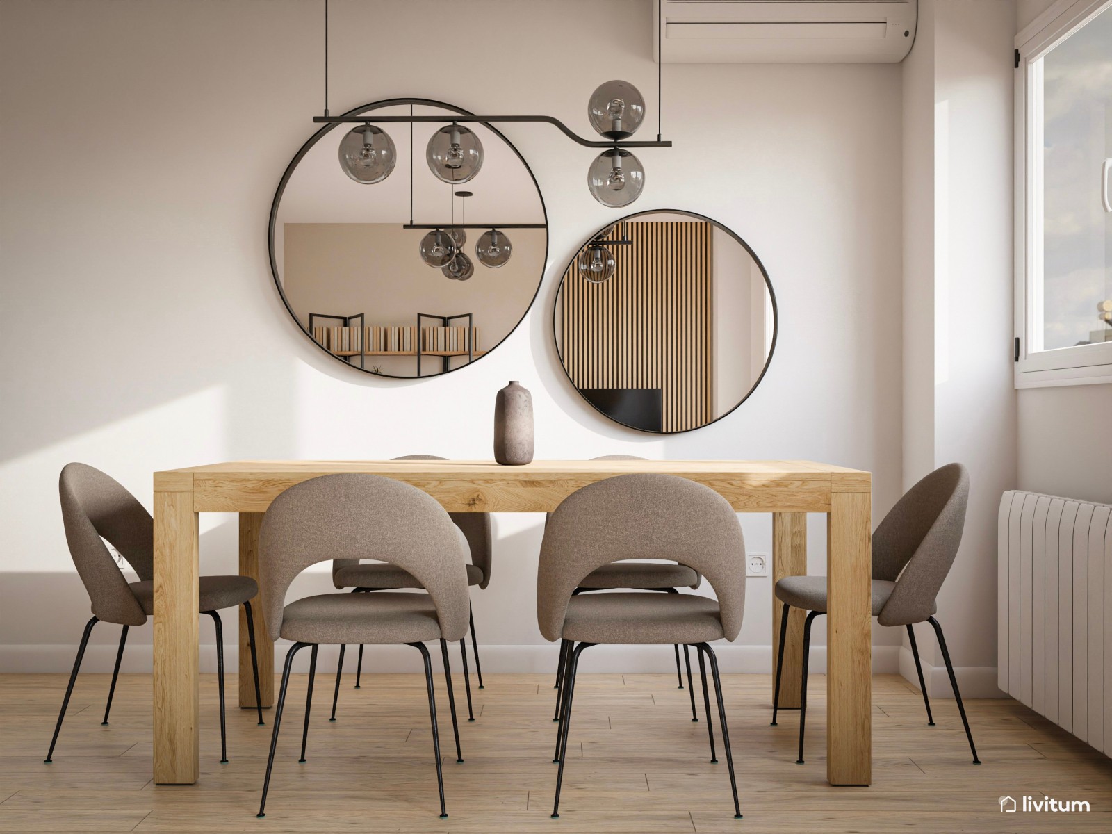 Salón comedor nórdico en azul, gris y listones de madera 