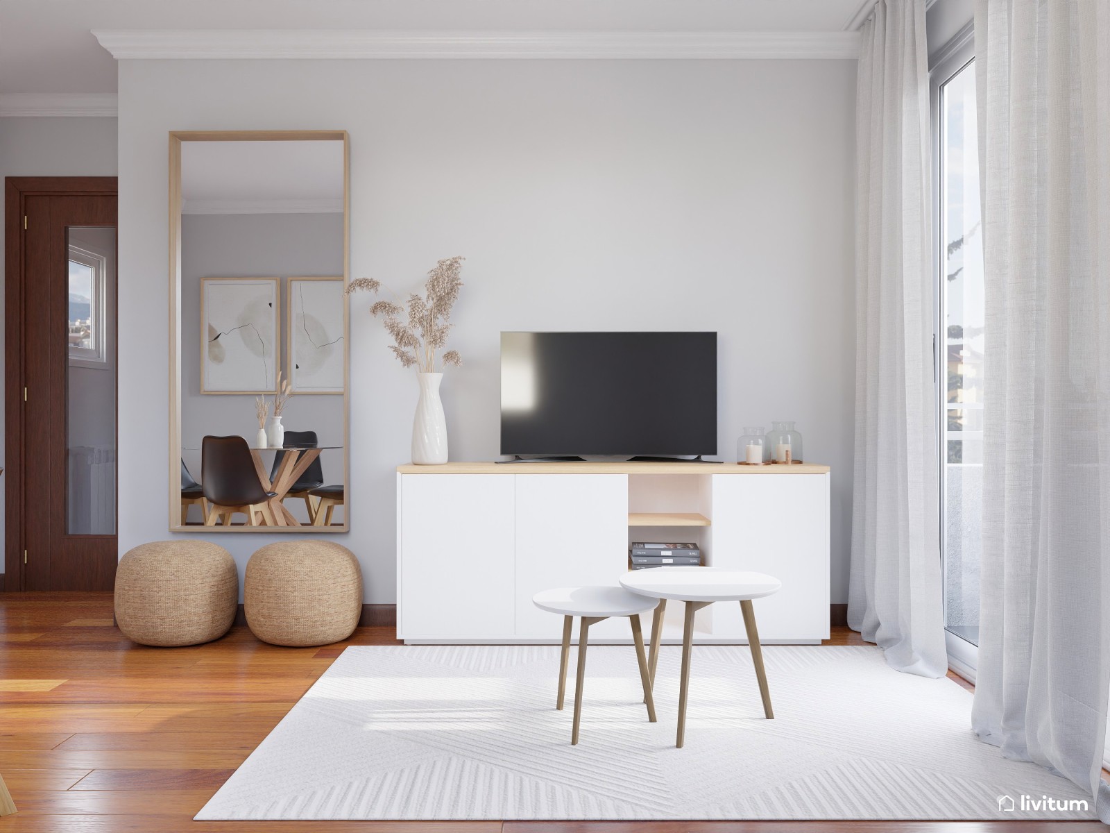 Salón comedor nórdico en blanco, madera y negro 