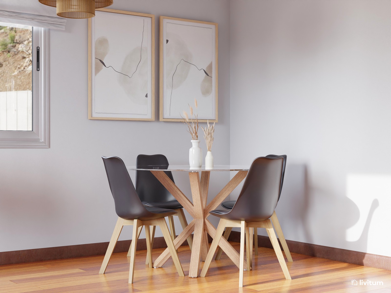 Salón comedor nórdico en blanco, madera y negro 