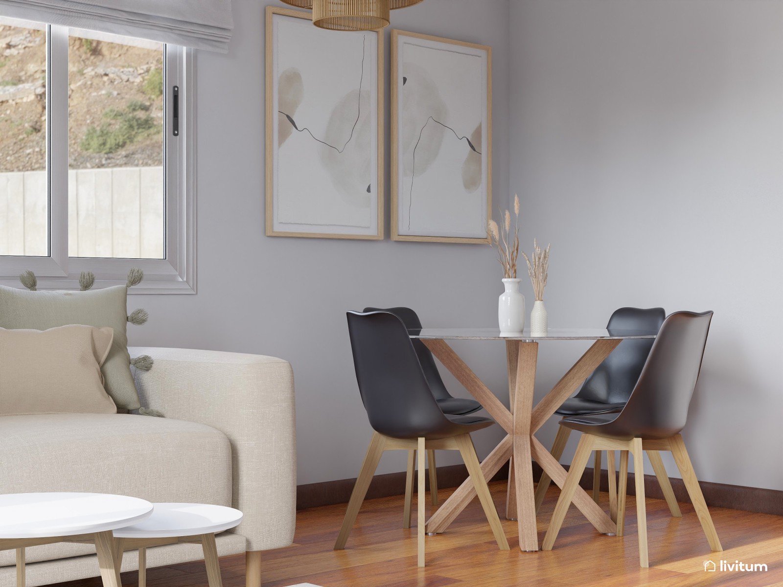 Salón comedor nórdico en blanco, madera y negro 