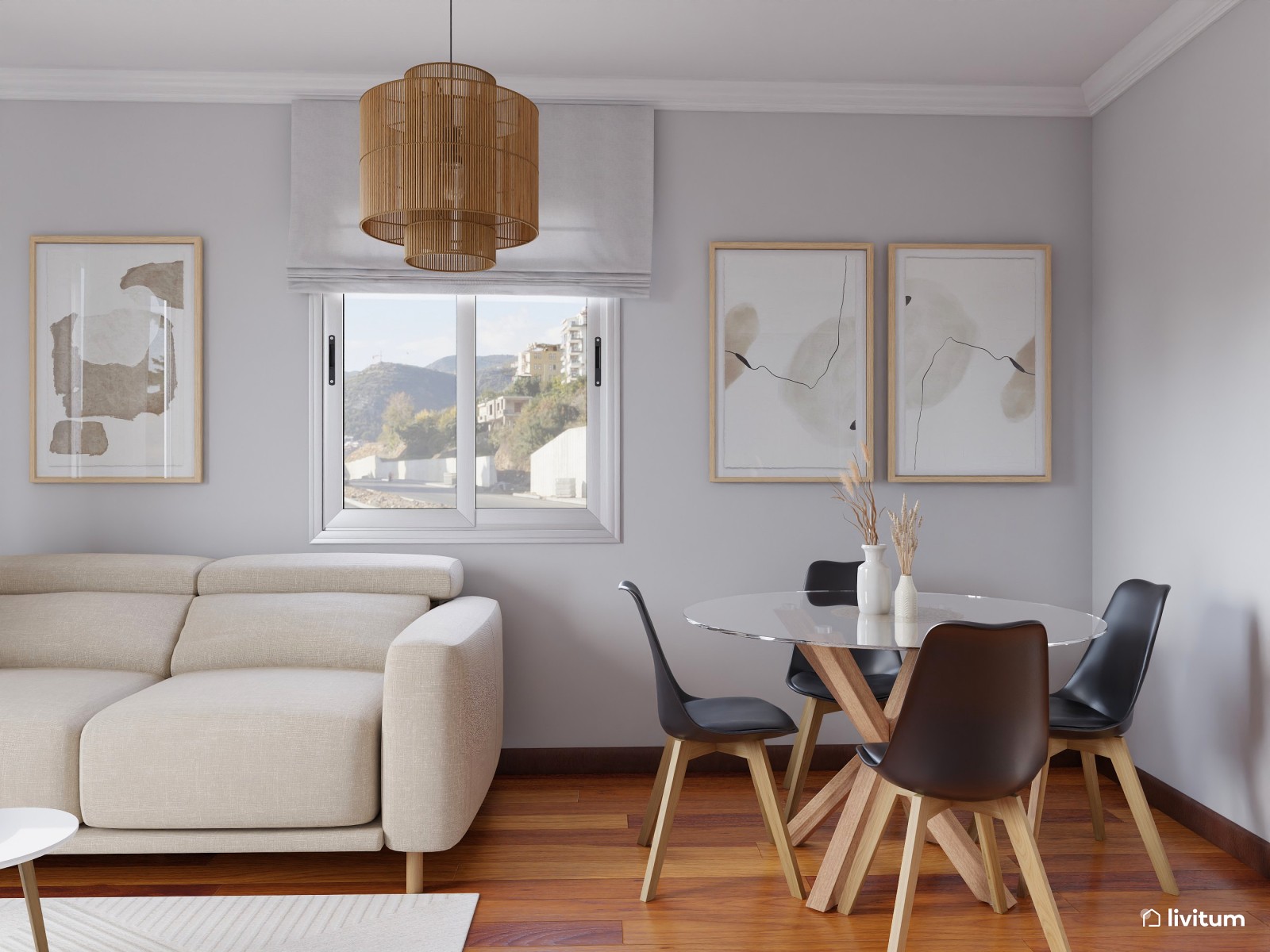 Salón comedor nórdico en blanco, madera y negro 