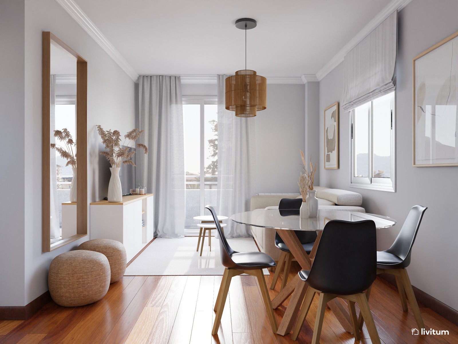 Salón comedor nórdico en blanco, madera y negro 