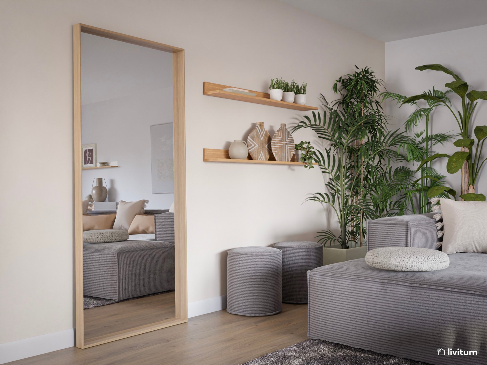 Salón comedor nórdico en gris y con extra de vegetación 