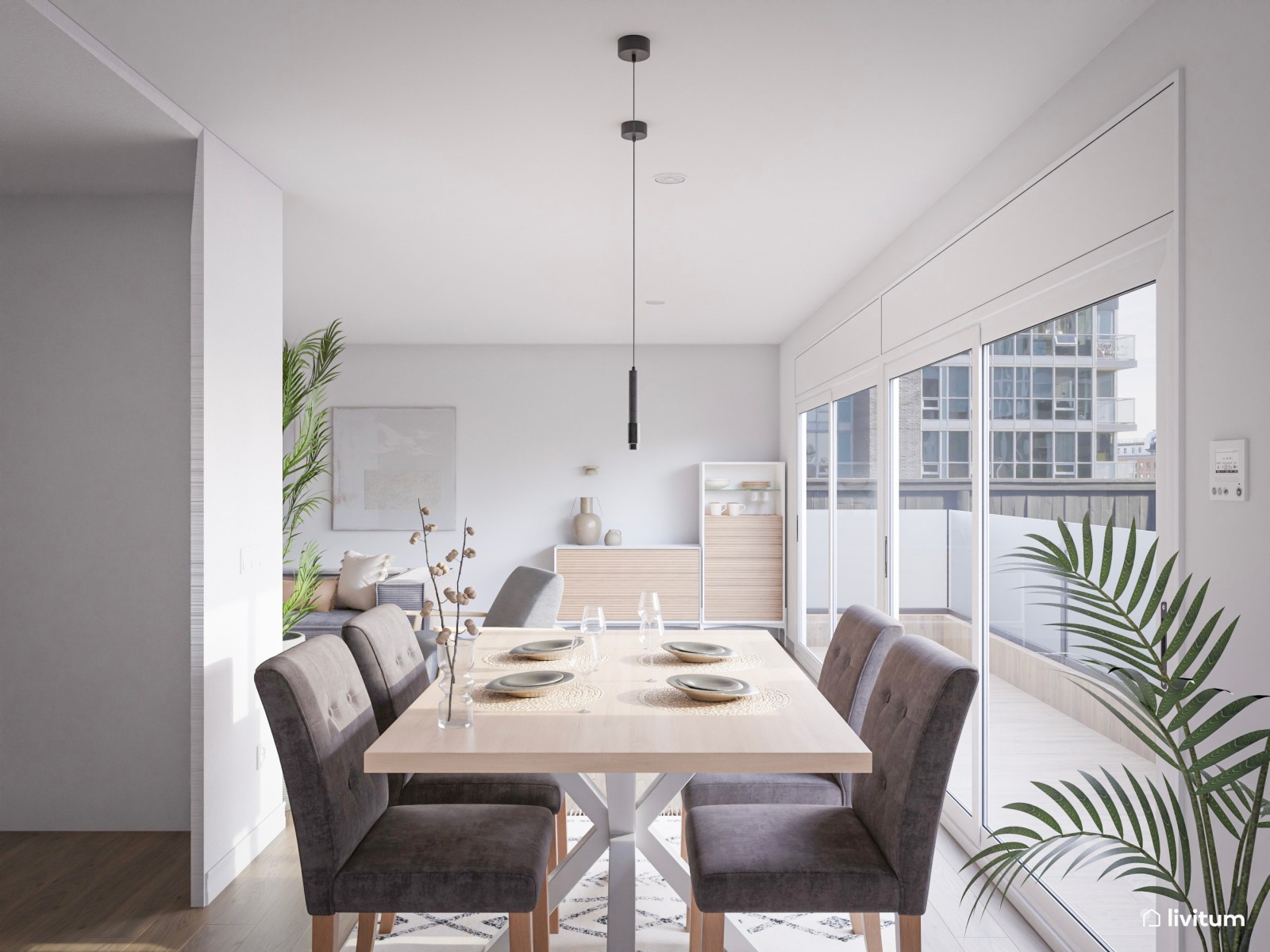 Salón comedor nórdico en gris y con extra de vegetación 