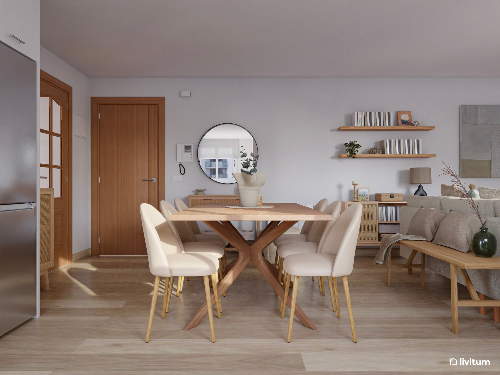 Salón comedor nórdico en madera y tonos cálidos