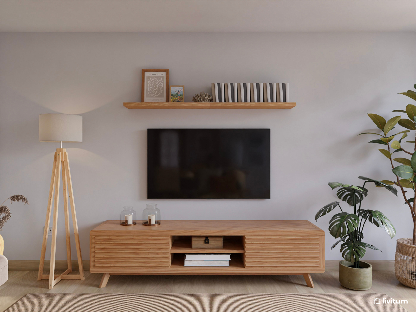 Salón comedor nórdico en madera y tonos cálidos