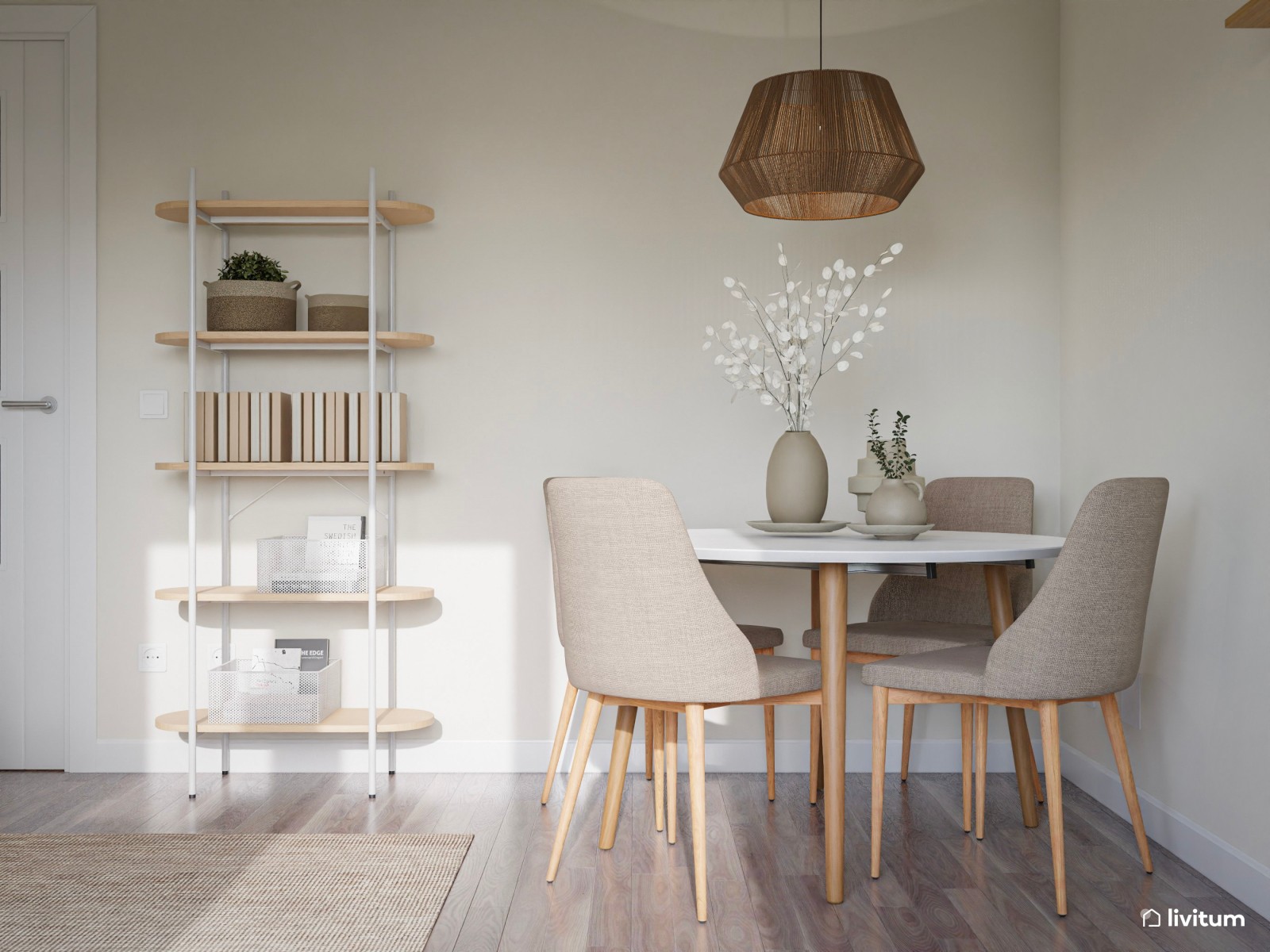 Salón comedor nórdico en tonos crudos 