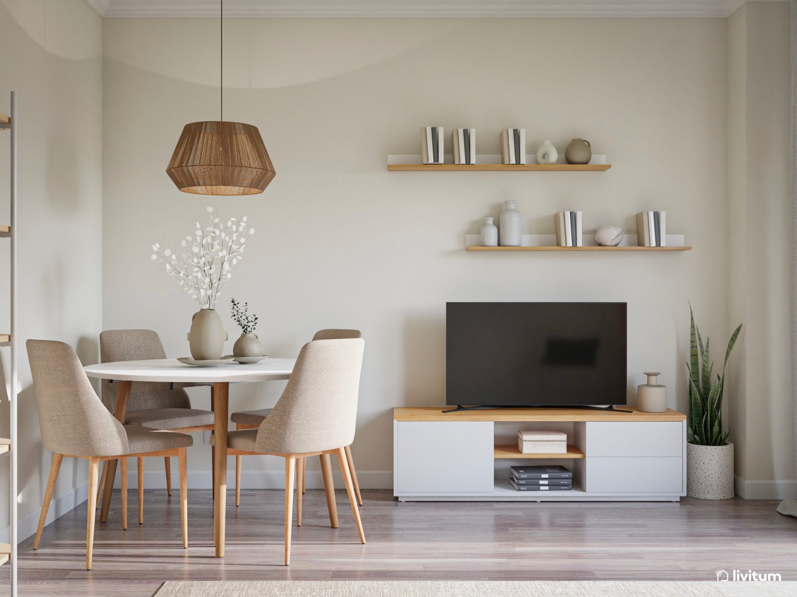 Salón comedor nórdico en tonos crudos 