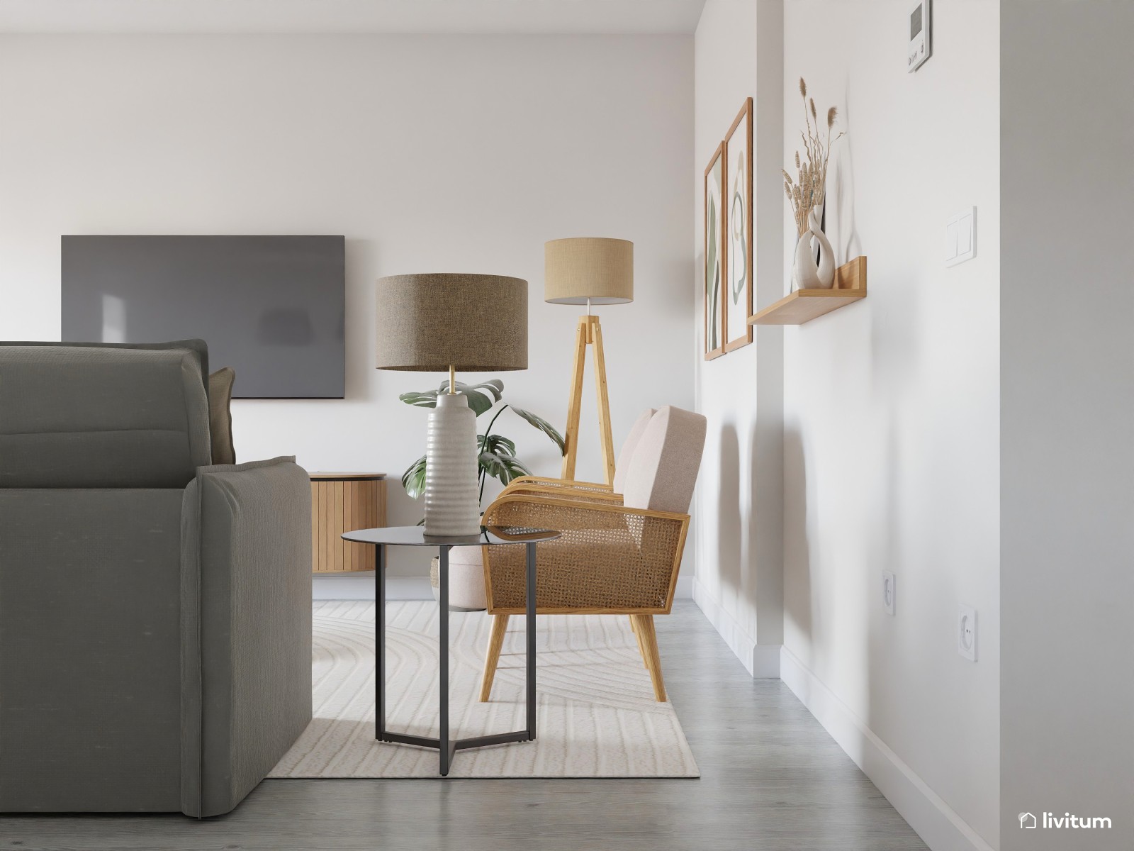 Salón comedor nórdico en tonos neutros y pinceladas verdes 