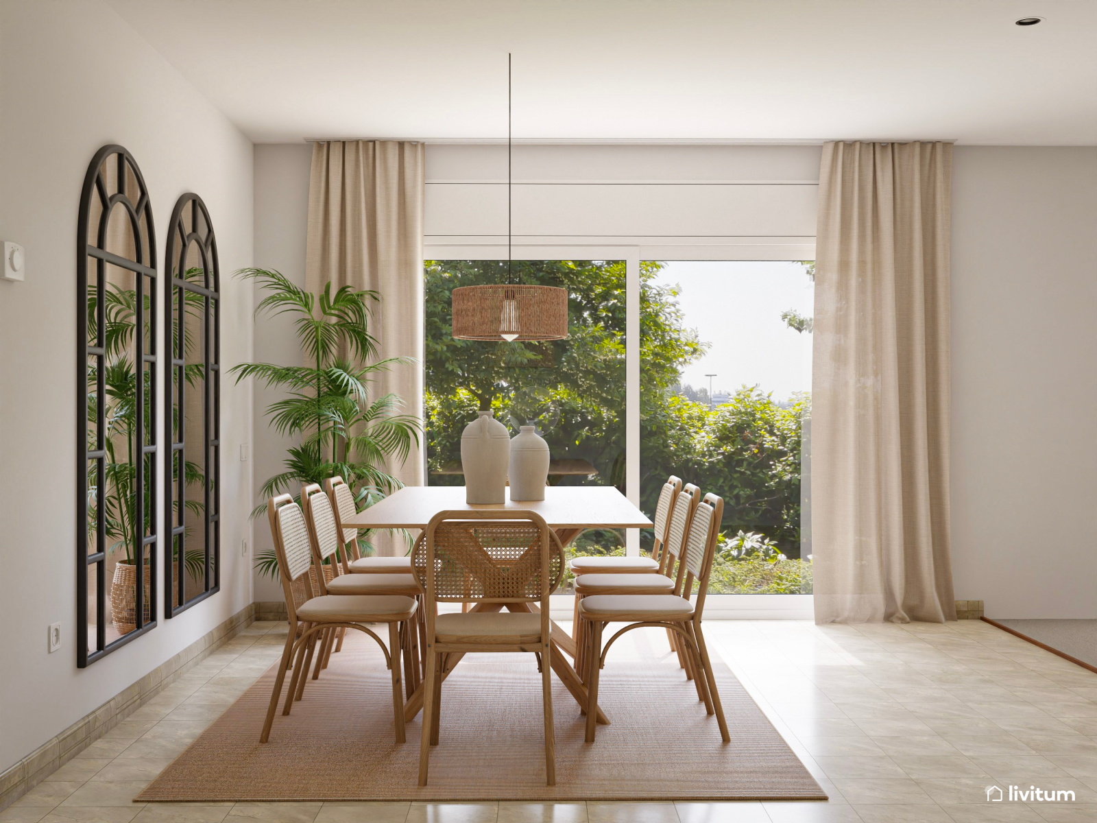 Salón comedor nórdico-rústico en tonos suaves y detalles elegantes