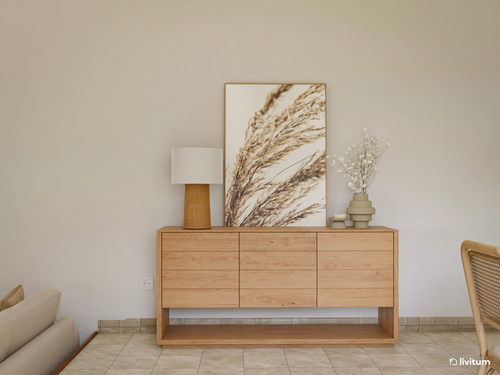 Salón comedor nórdico-rústico en tonos suaves y detalles elegantes