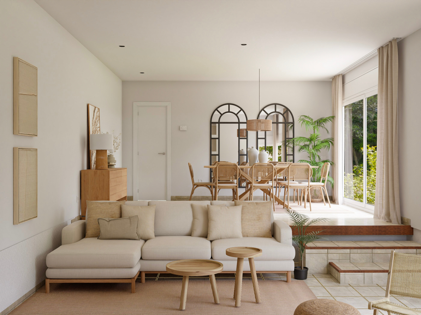 Salón comedor nórdico-rústico en tonos suaves y detalles elegantes