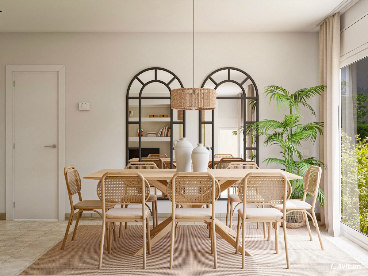 Salón comedor nórdico-rústico en tonos suaves y detalles elegantes