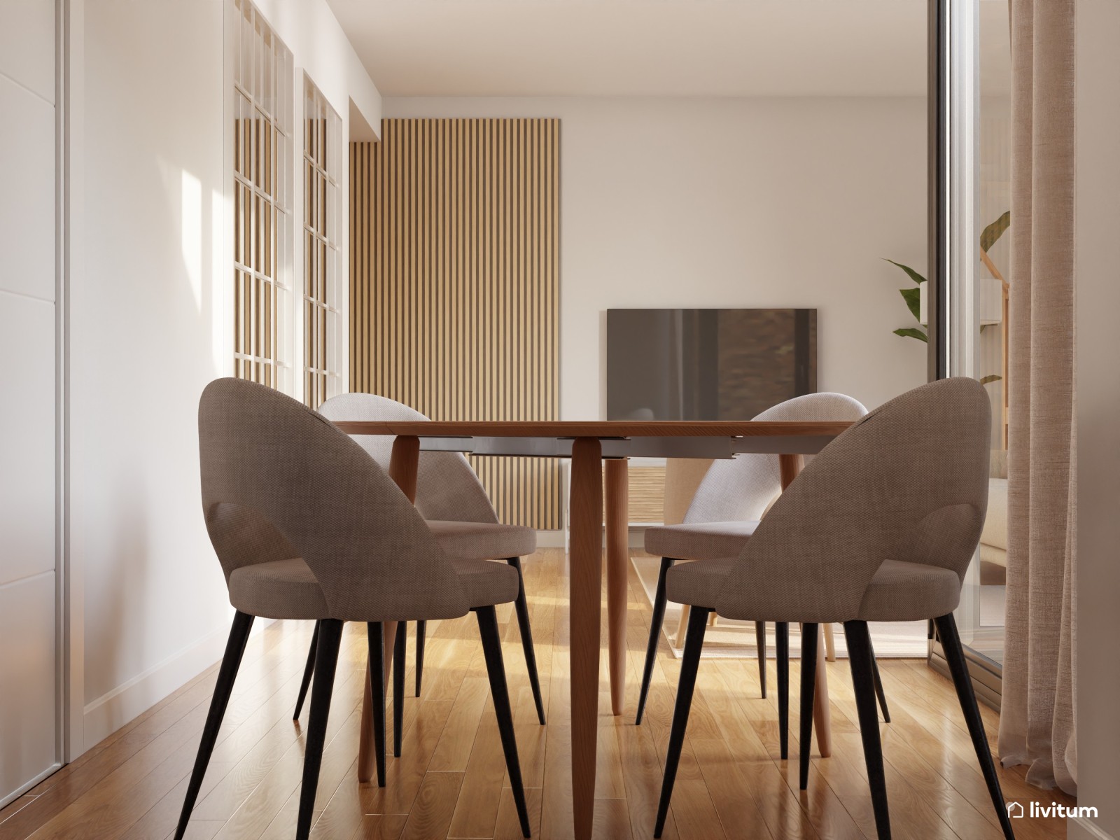 Salón comedor nórdico y luminoso con grandes espejos 