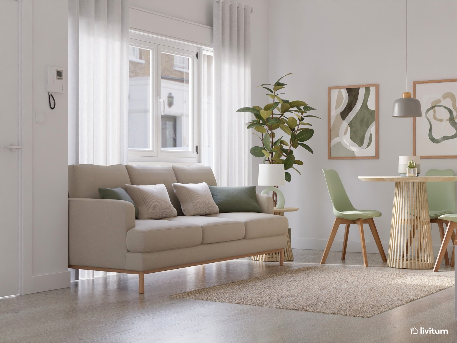 Salón comedor nórdico y minimalista en beige y verde 