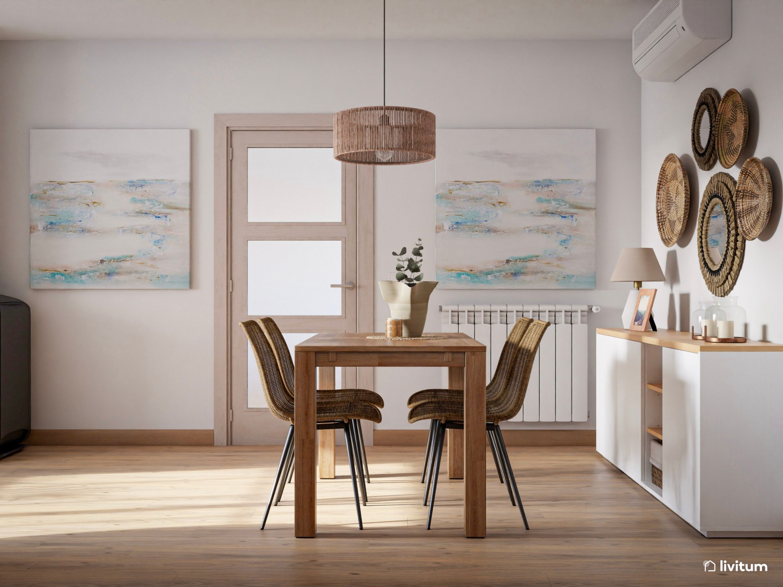 Salón comedor  nórdico y rústico con texturas naturales 