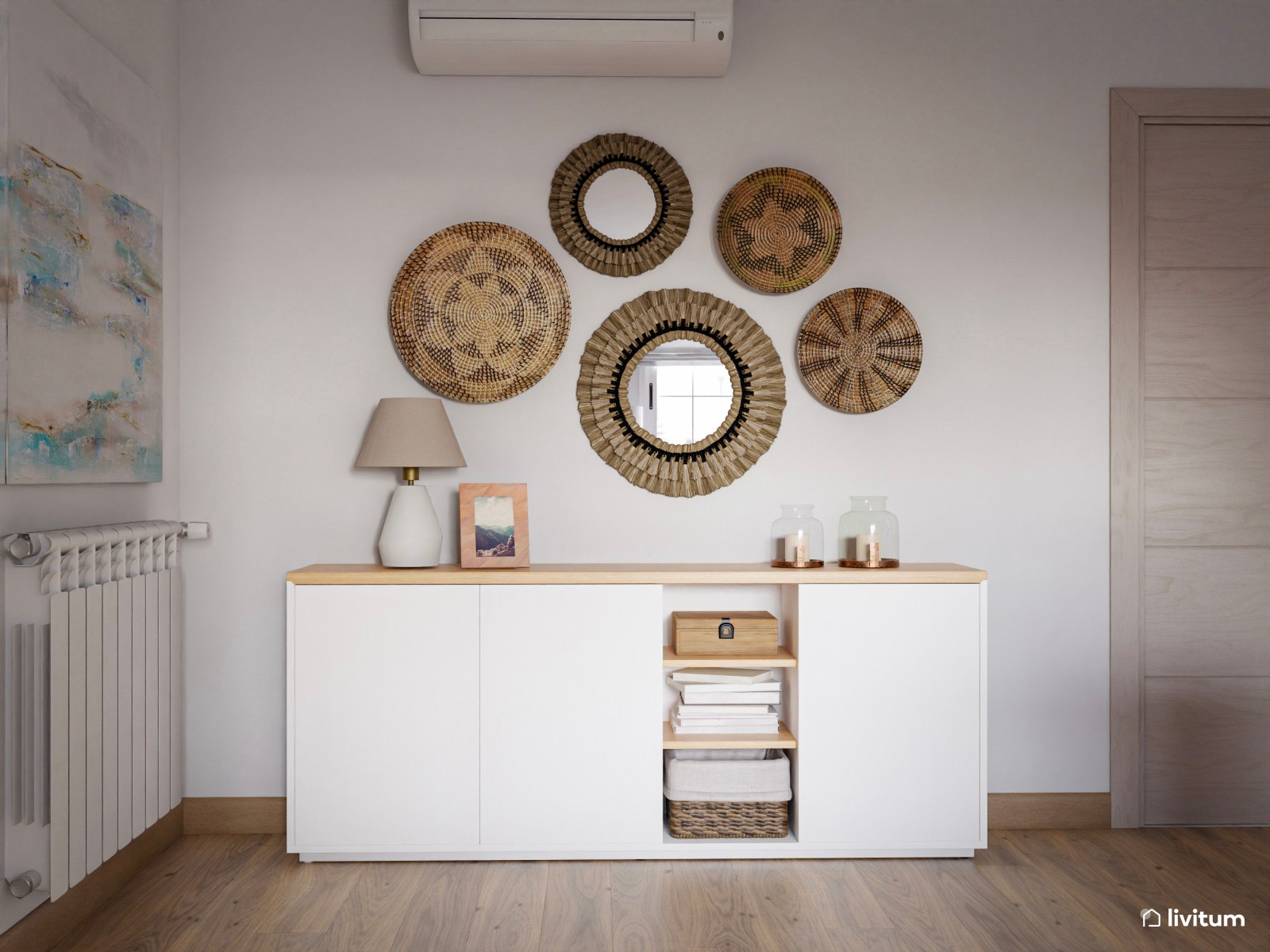 Salón comedor  nórdico y rústico con texturas naturales 