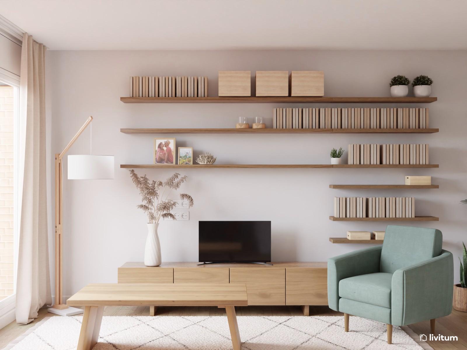 Salón comedor nórdico y rústico en madera y turquesa 