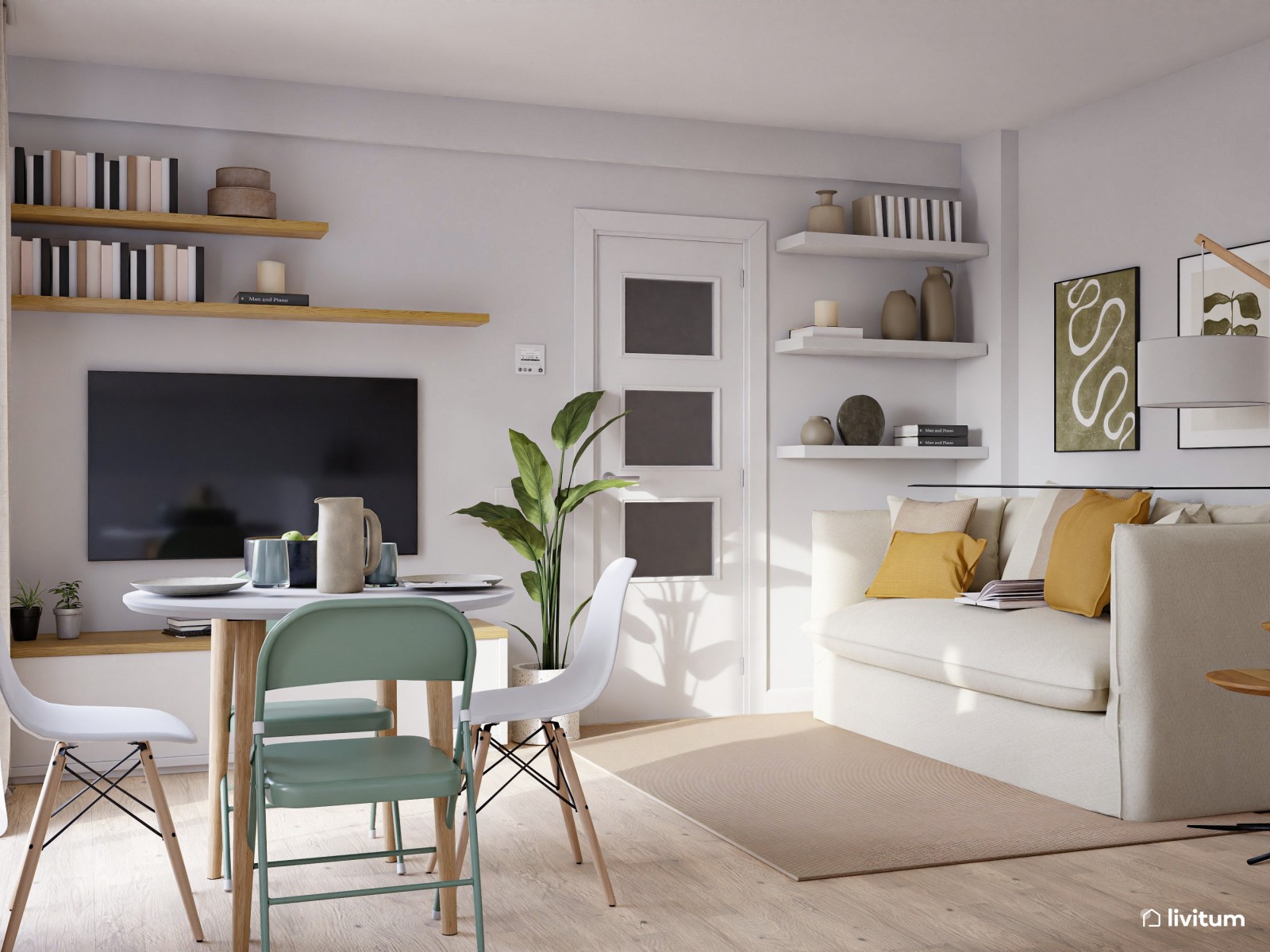 Salón comedor pequeño con cocina abierta 