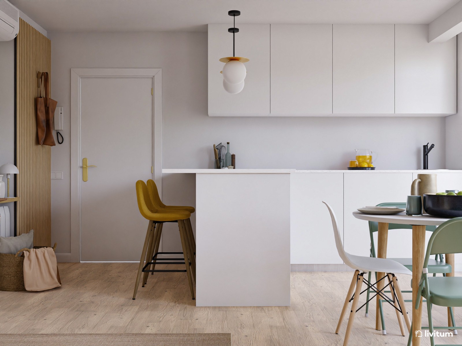 Salón comedor pequeño con cocina abierta 