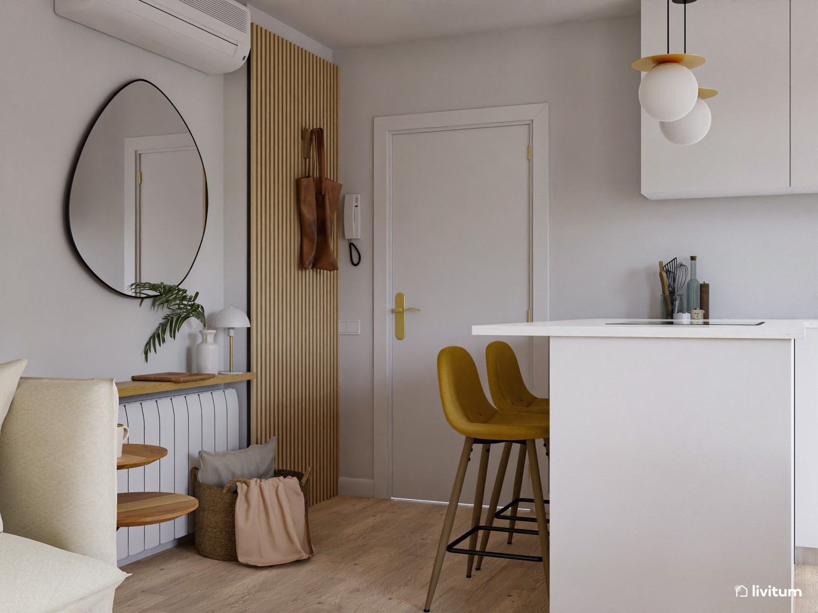 Salón comedor pequeño con cocina abierta 