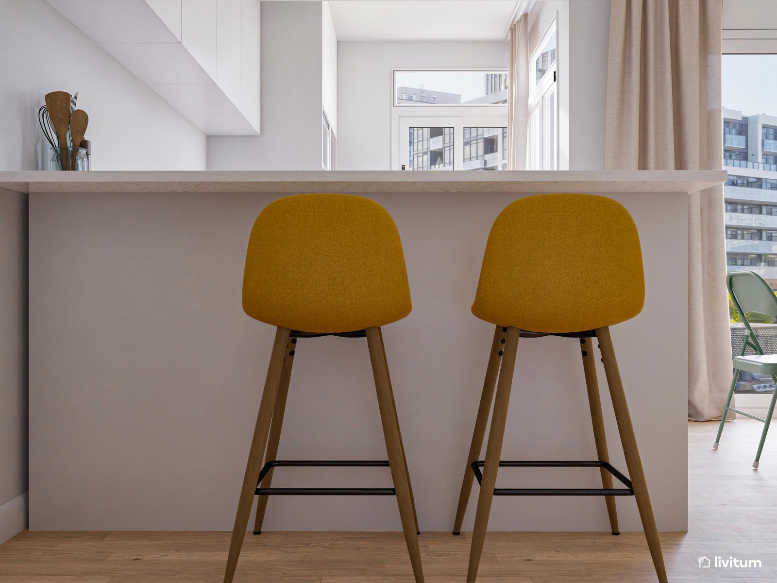 Salón comedor pequeño con cocina abierta 