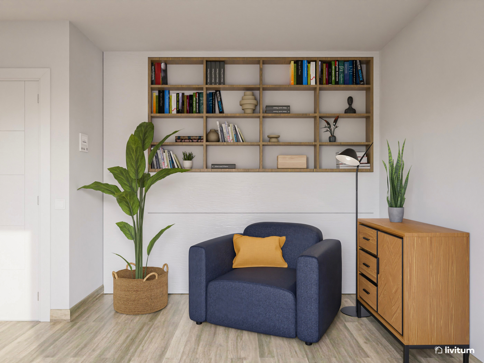 Salón comedor pequeño con elegante rincón de lectura