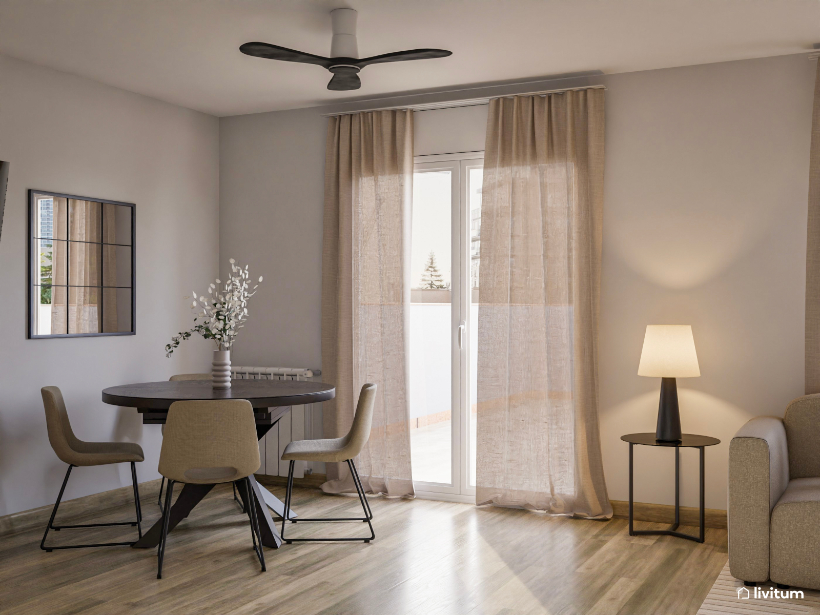 Salón comedor pequeño con elegante rincón de lectura