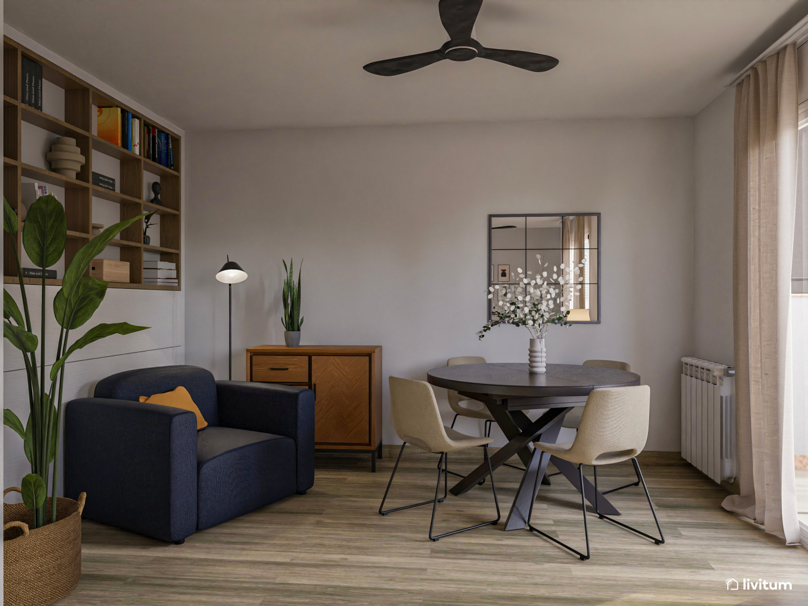 Salón comedor pequeño con elegante rincón de lectura