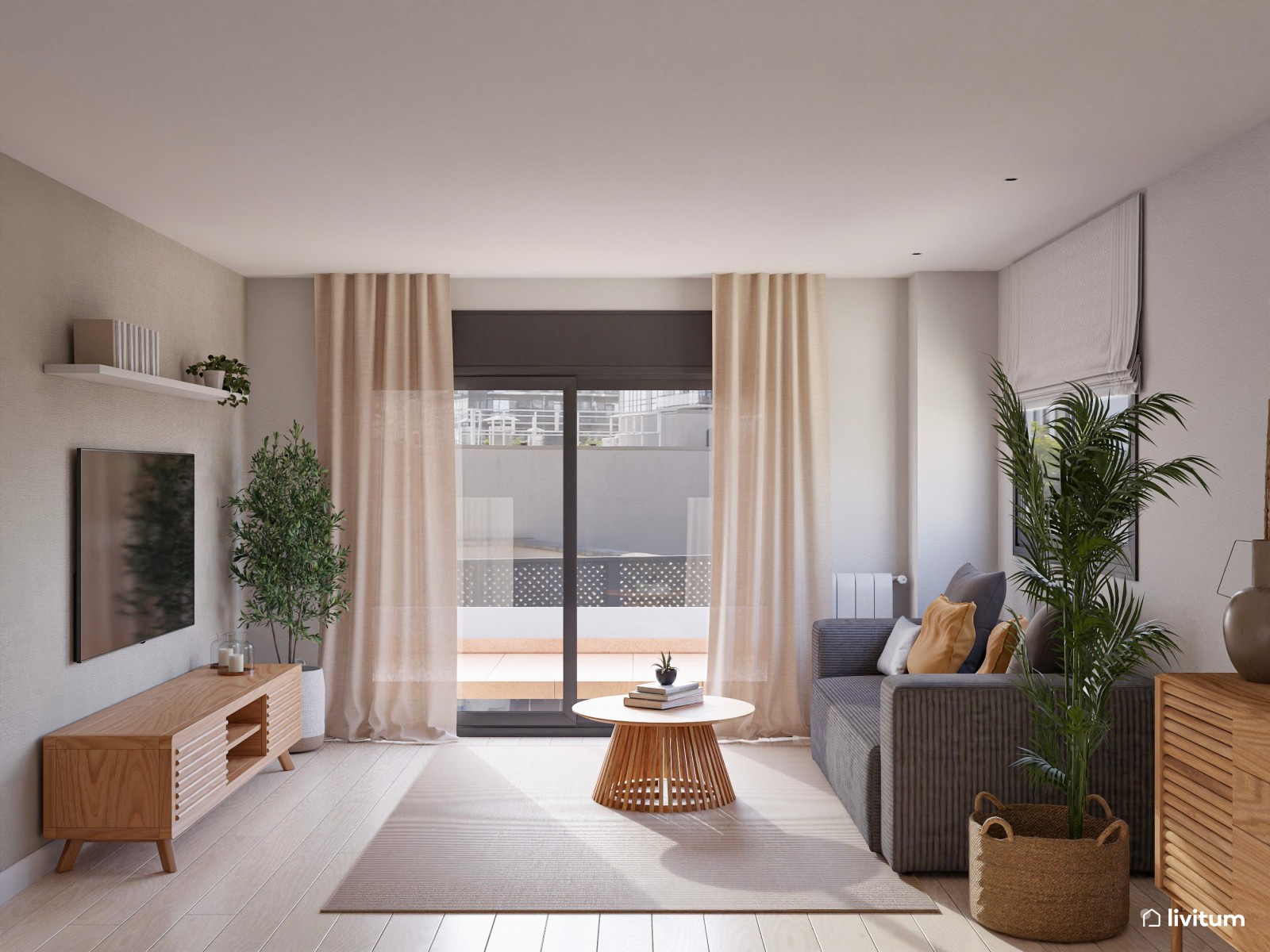 Salón comedor pequeño con espacio optimizado y muebles de madera