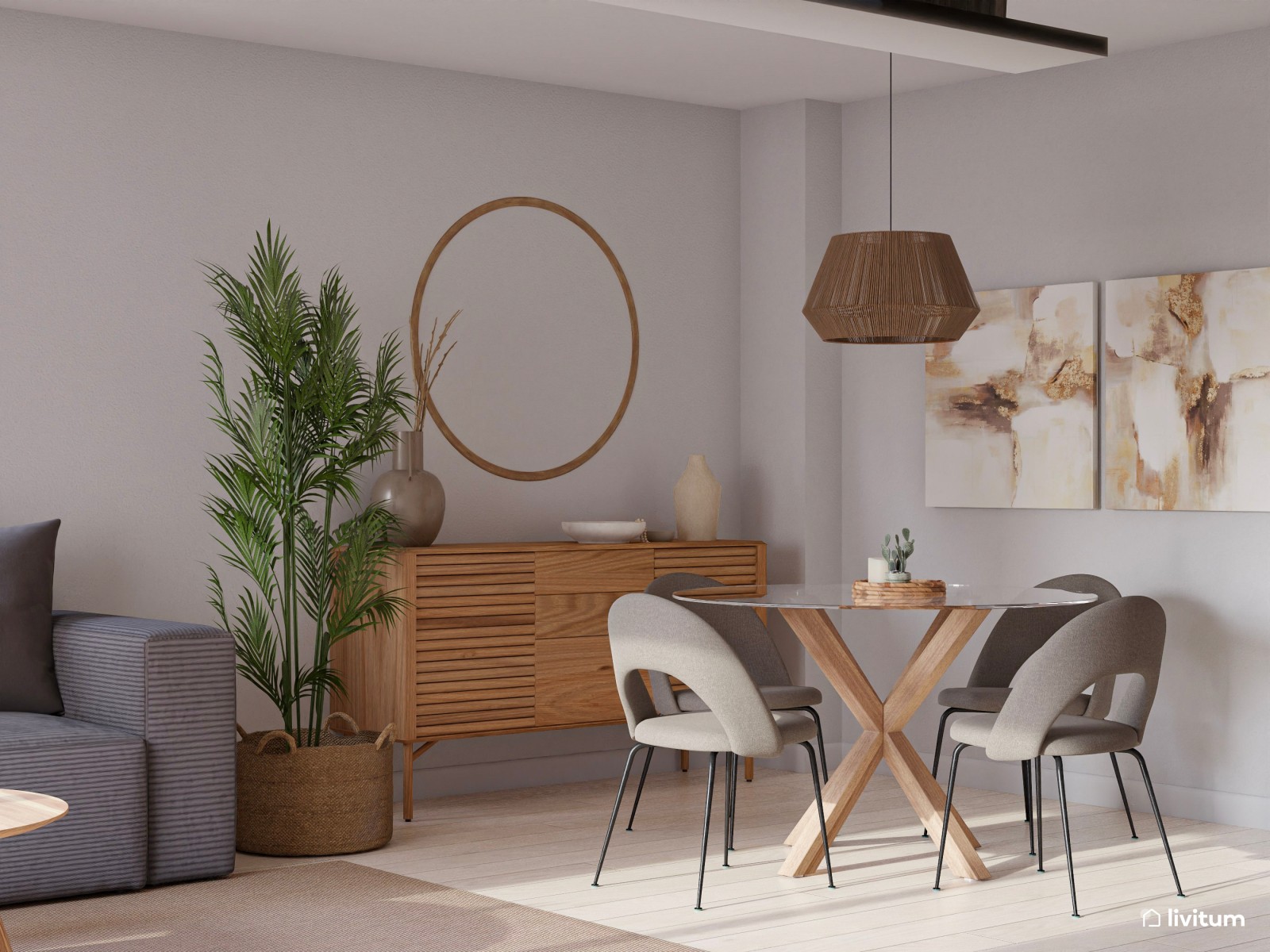 Salón comedor pequeño con espacio optimizado y muebles de madera