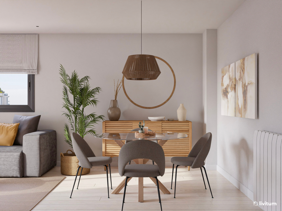 Salón comedor pequeño con espacio optimizado y muebles de madera