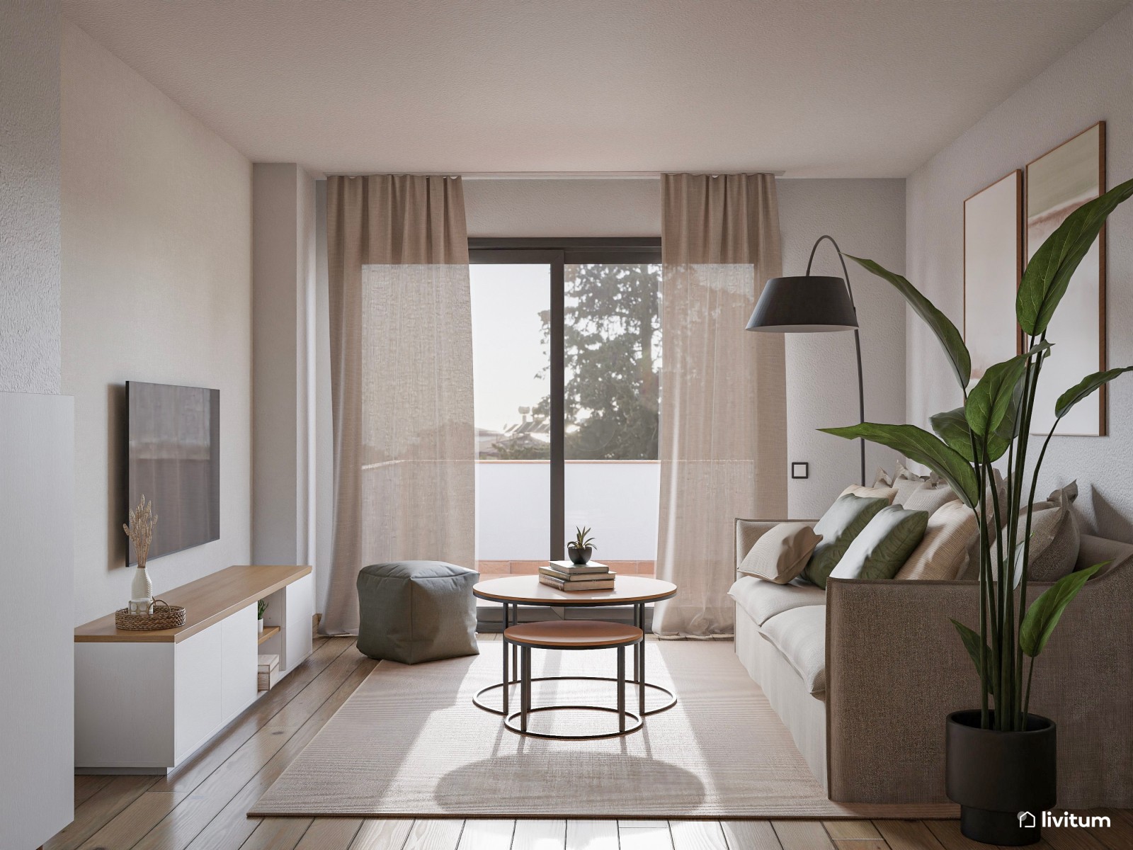 Salón comedor pequeño en madera y acentos verdes 