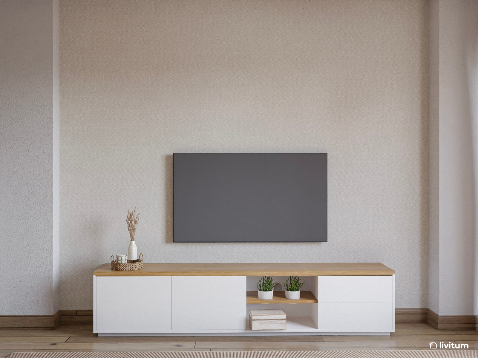 Salón comedor pequeño en madera y acentos verdes 