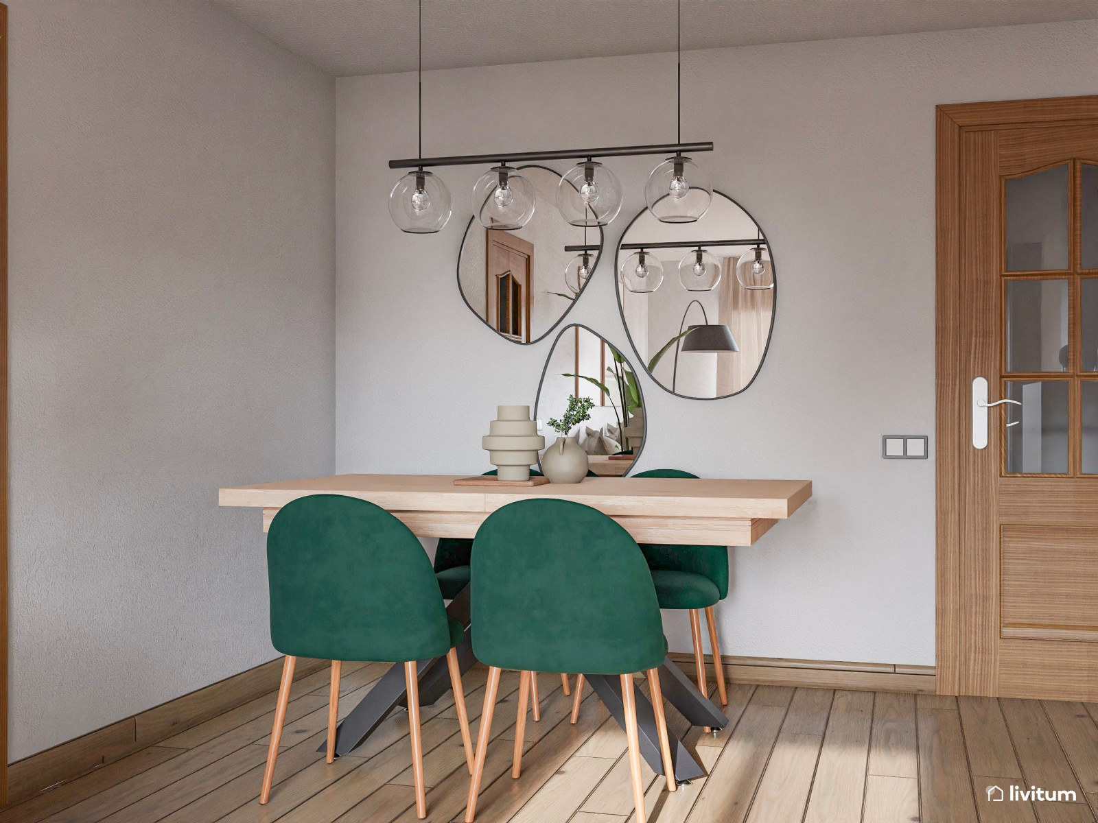 Salón comedor pequeño en madera y acentos verdes 