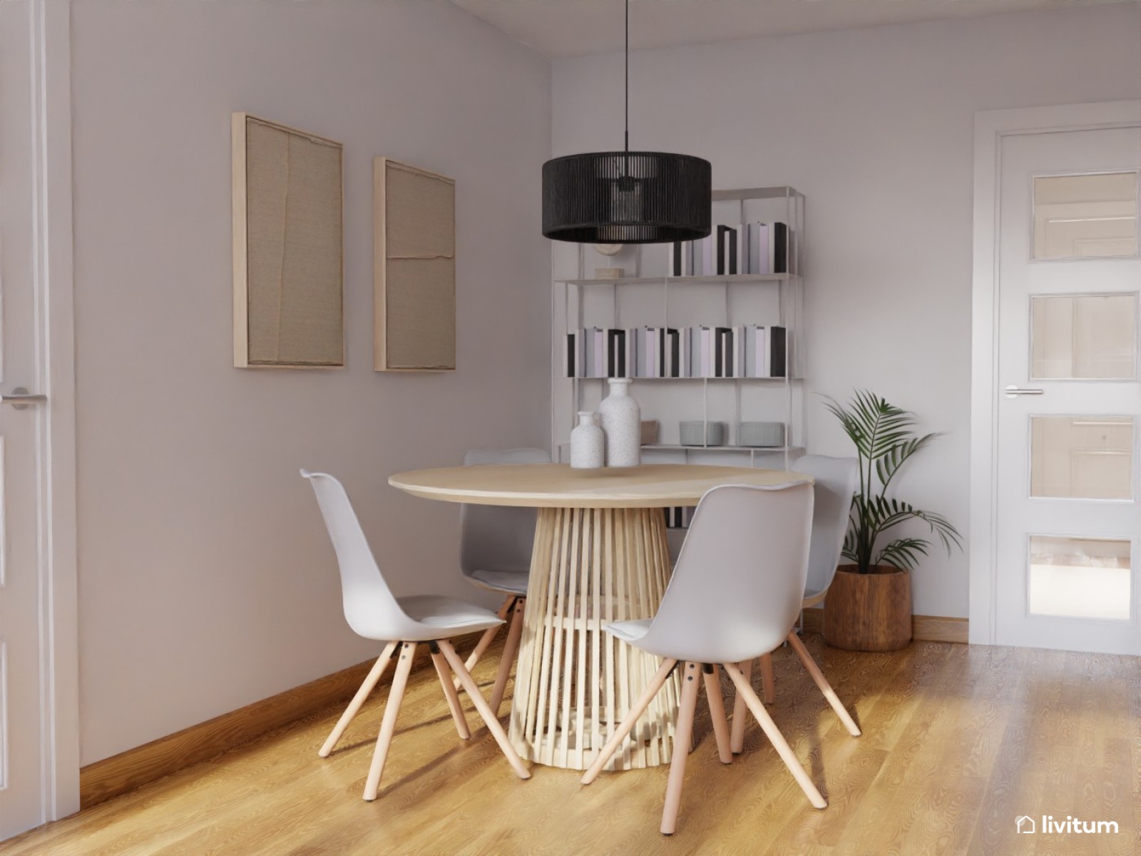 Salón comedor pequeño en verde y madera