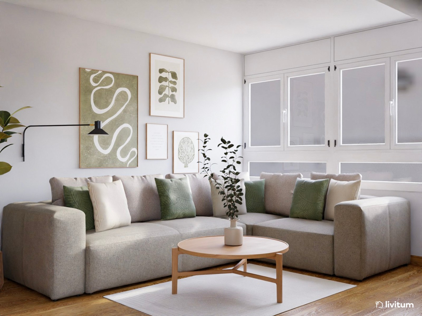 Salón comedor pequeño en verde y madera