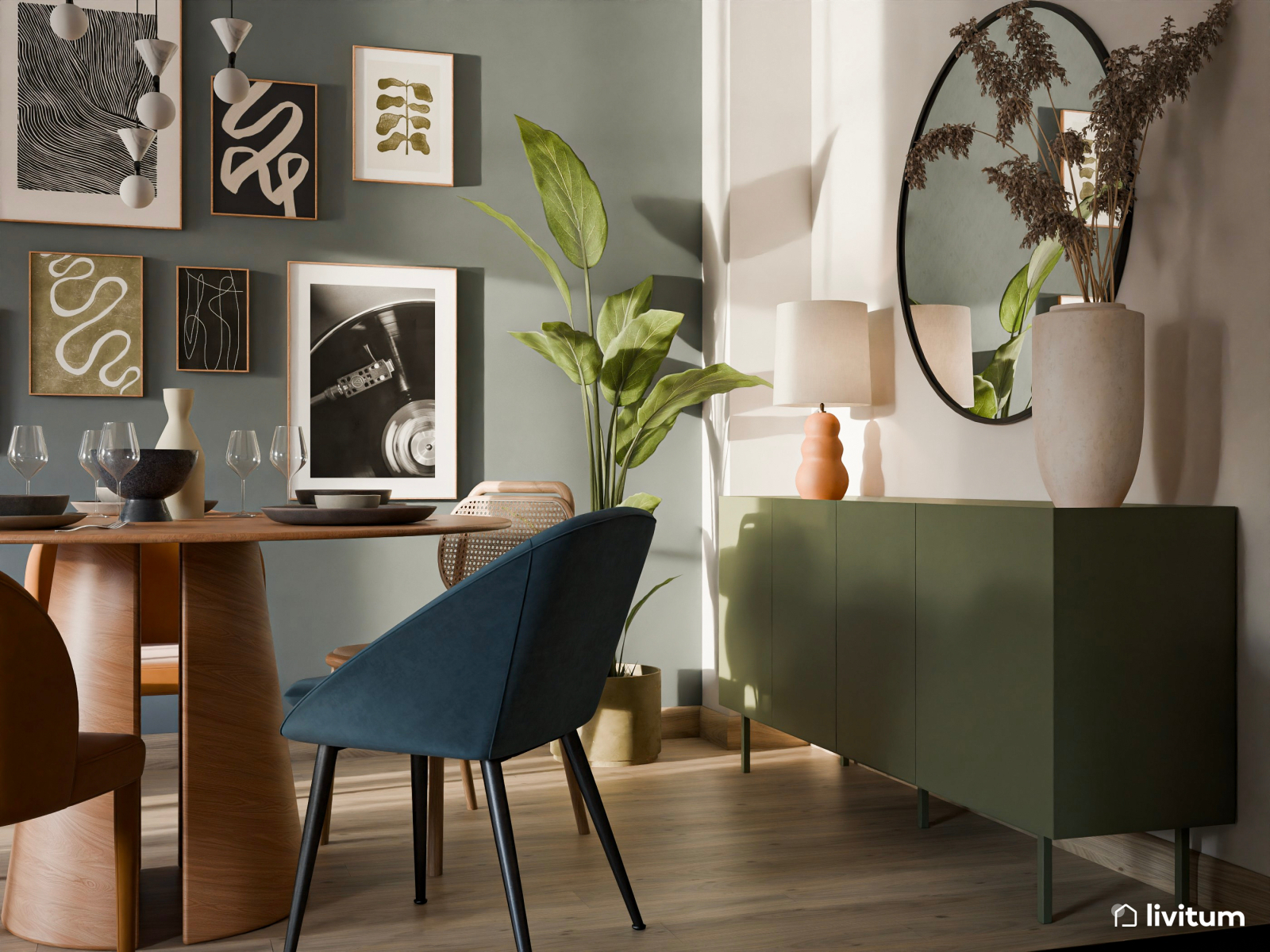 Salón comedor relajante con toques verdes y coloniales 