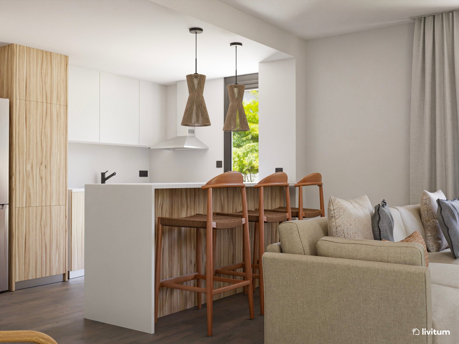 Salón comedor rústico con aires modernos y cocina integrada