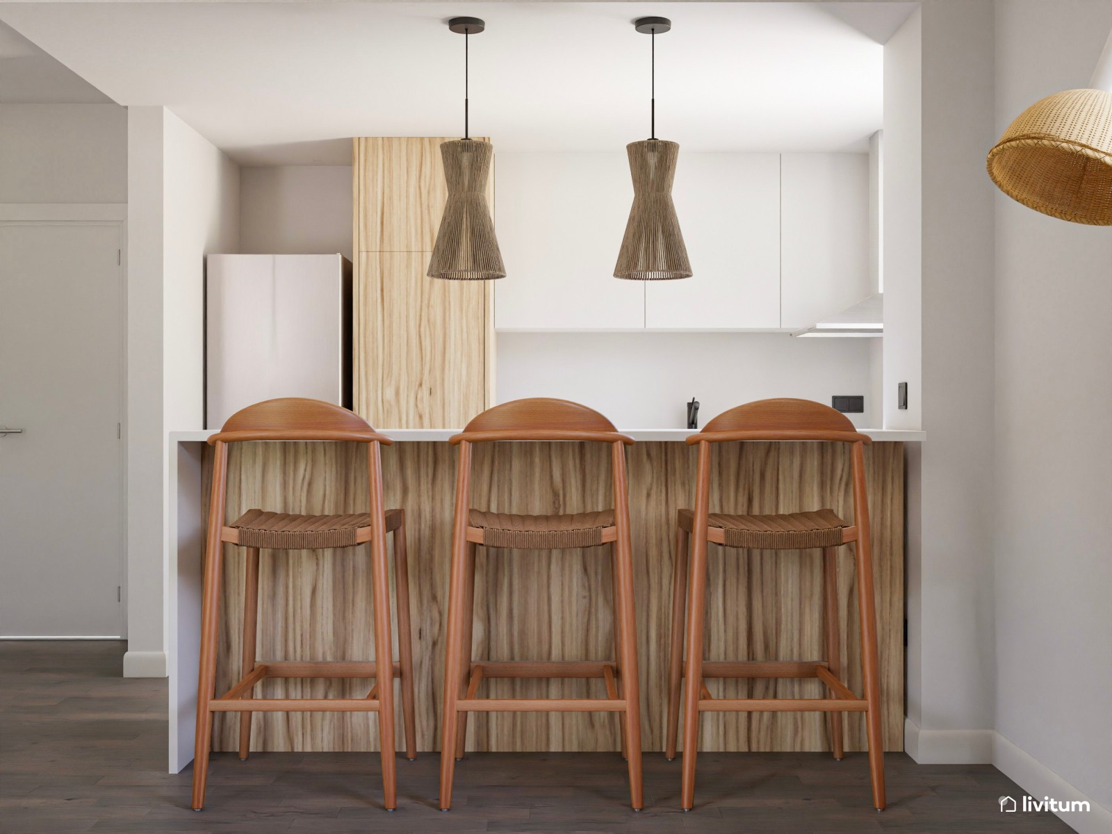 Salón comedor rústico con aires modernos y cocina integrada