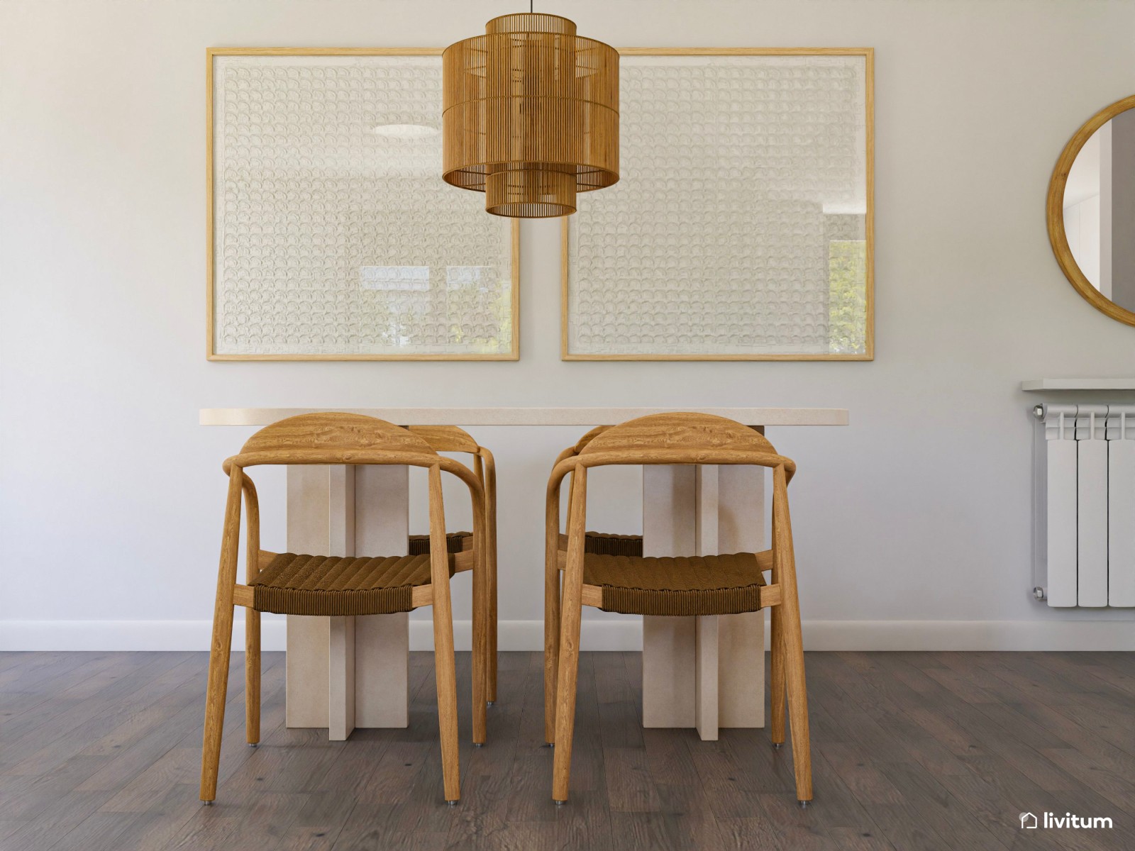 Salón comedor rústico con aires modernos y cocina integrada