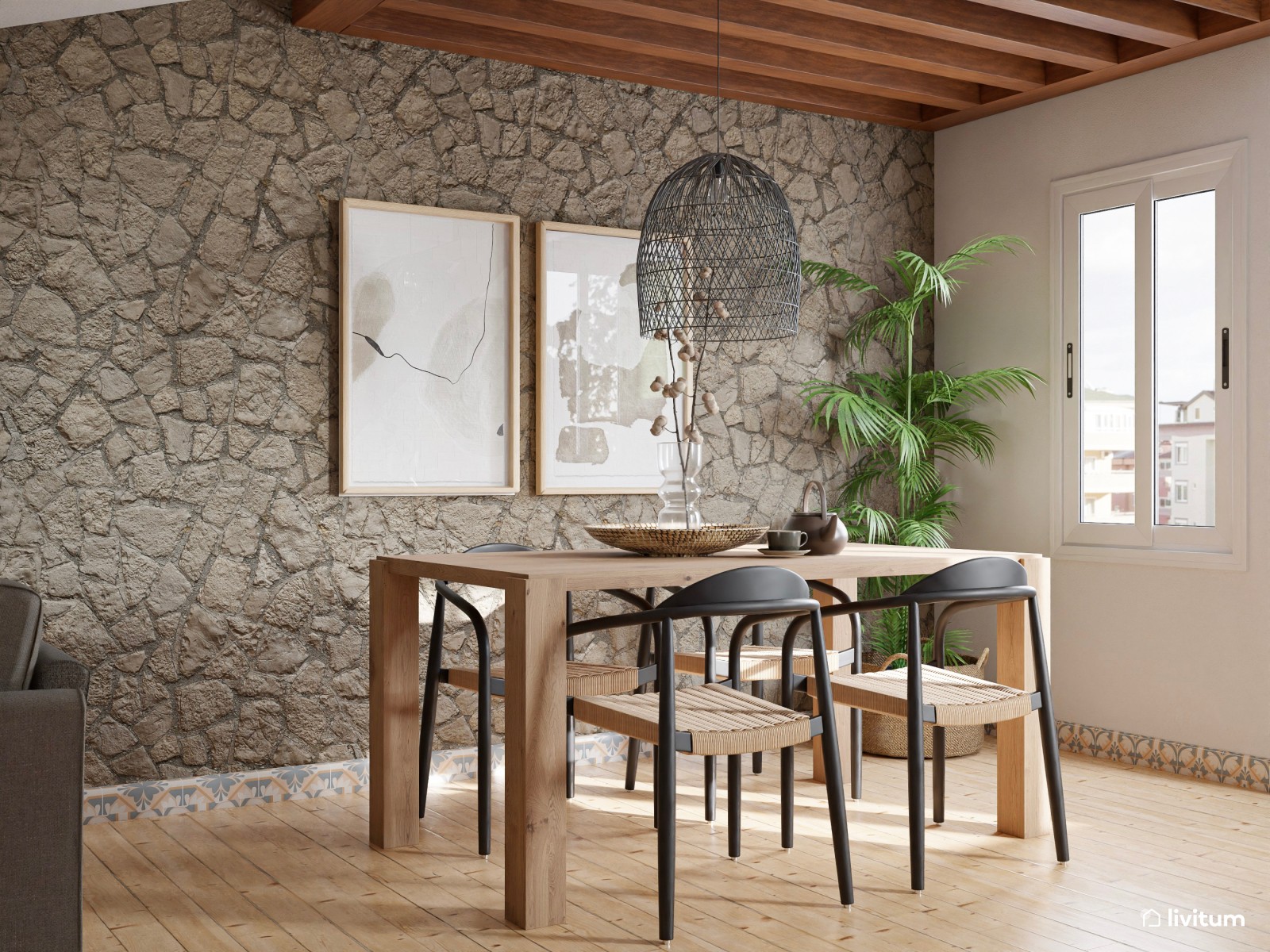 Salón comedor rústico con guiños nórdicos y pared de piedra 