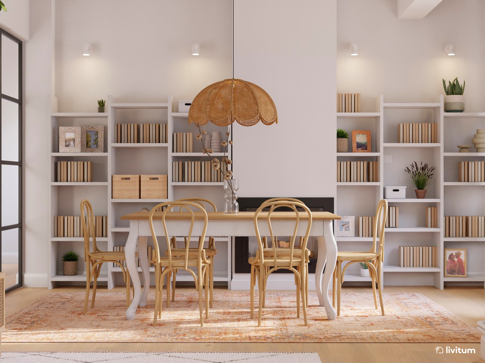 Salón comedor rústico con una maravillosa librería