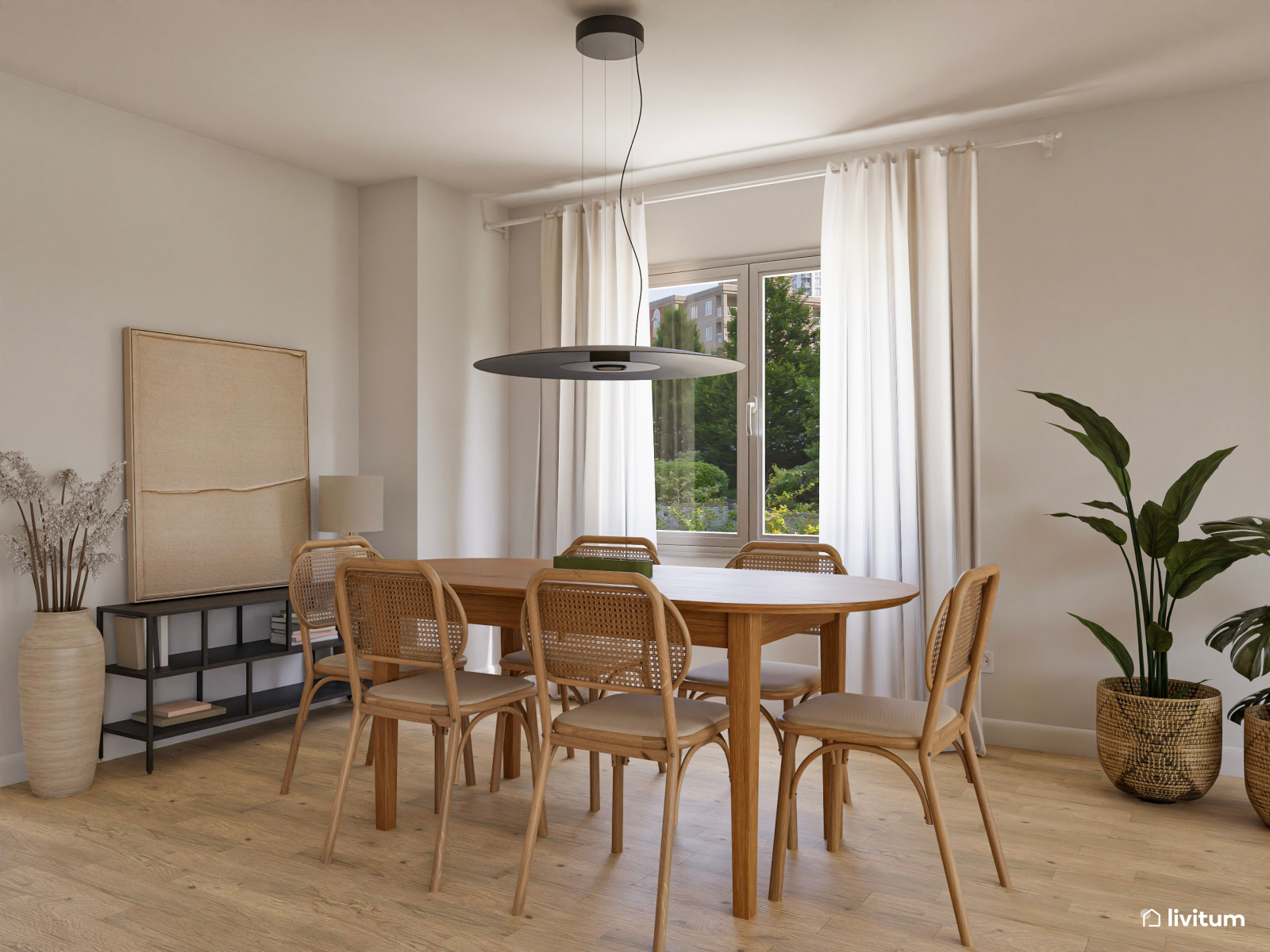 Salón comedor rústico con zona de juegos para niños