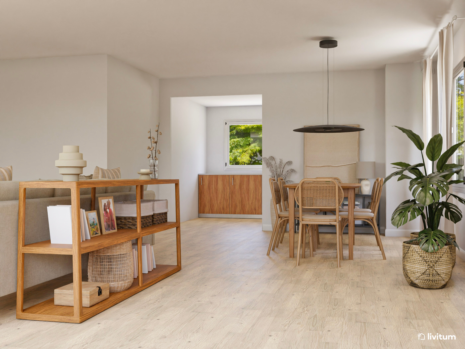 Salón comedor rústico con zona de juegos para niños