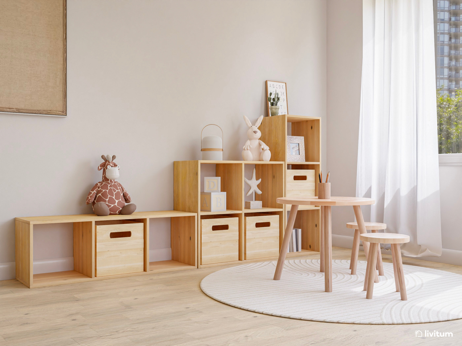 Salón comedor rústico con zona de juegos para niños