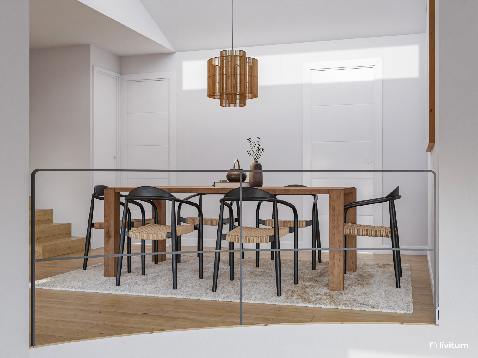 Salón comedor sobrio, moderno y acogedor en dos alturas 