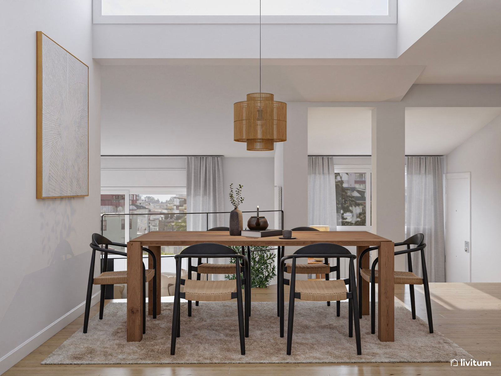 Salón comedor sobrio, moderno y acogedor en dos alturas 